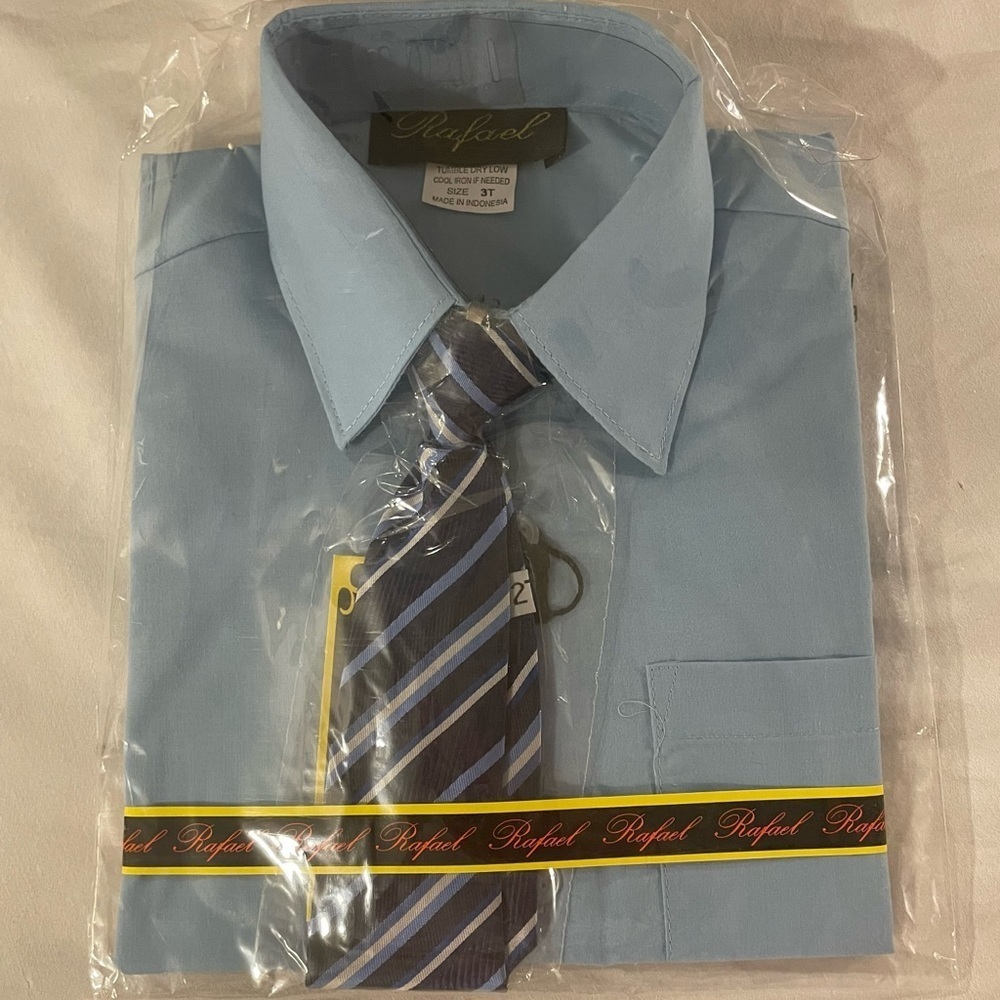 NWT Rafael 3T Blue Button Down Shirt with Clip On Tie